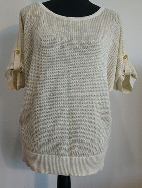 AB Studio Cream Short Sleeve Sweater with Gold Buttons